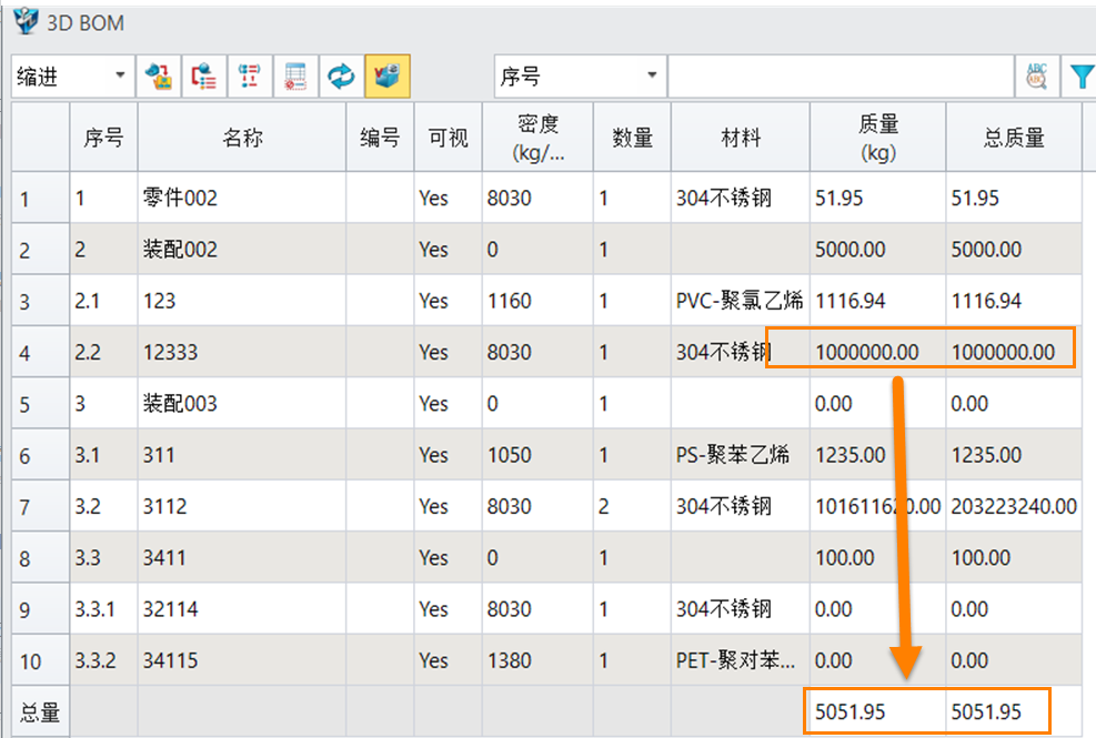 三维CAD修改零部件重量后，总重量有误差怎么调整？